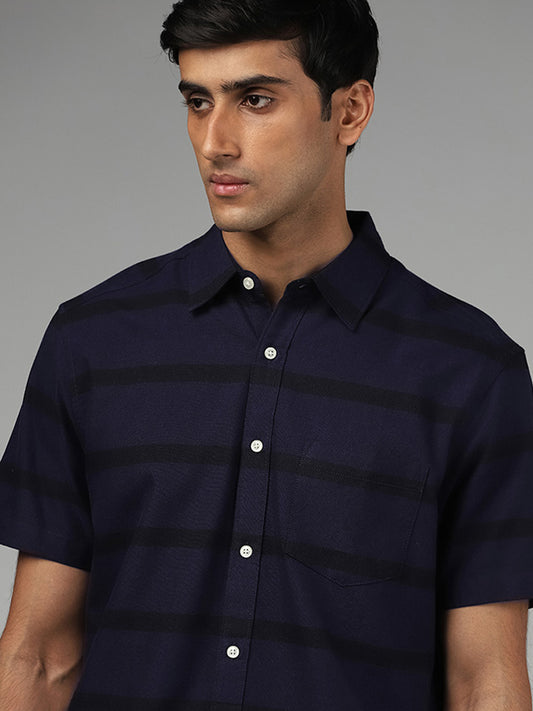 WES Casuals Navy Striped Cotton Relaxed-Fit Shirt