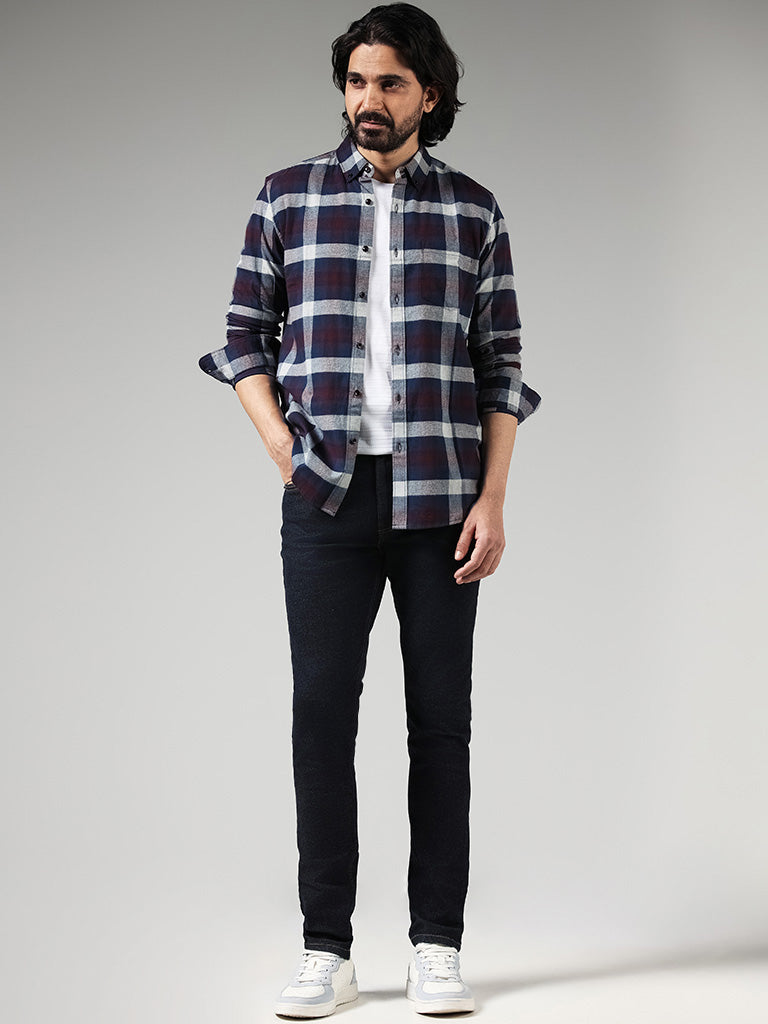 WES Casuals Wine Checked Slim Fit Shirt