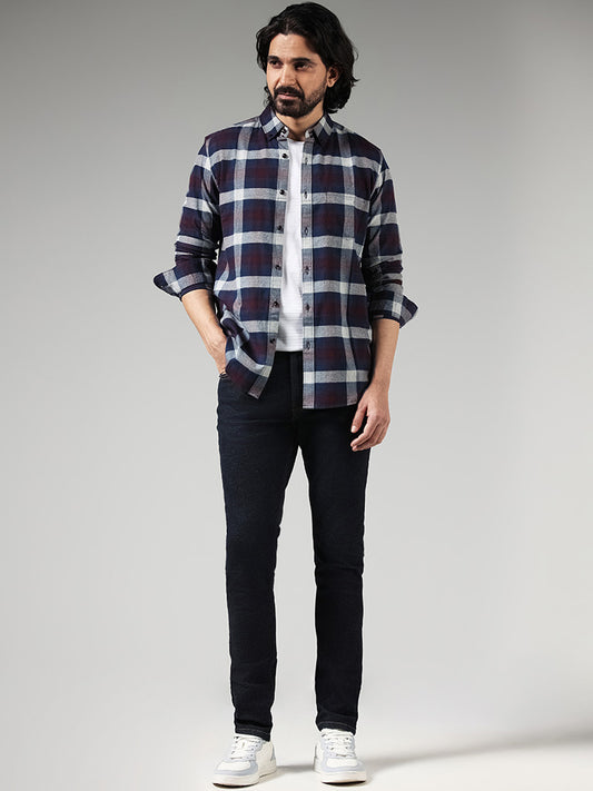 WES Casuals Wine Checked Cotton Slim-Fit Shirt