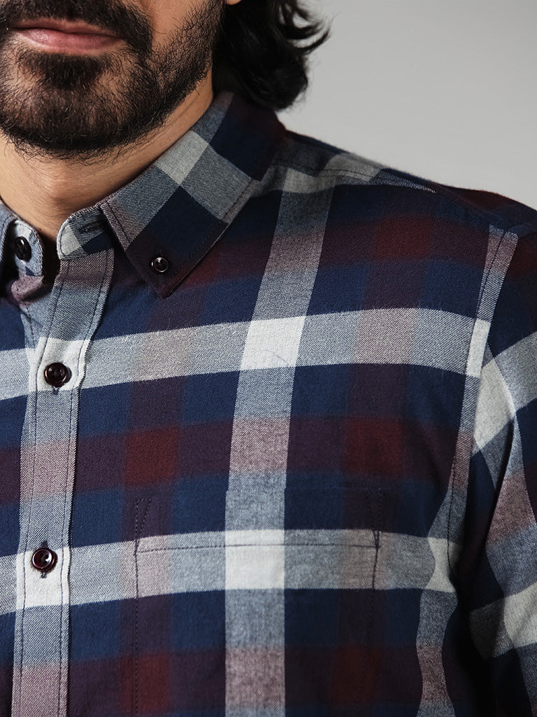WES Casuals Wine Checked Cotton Slim Fit Shirt