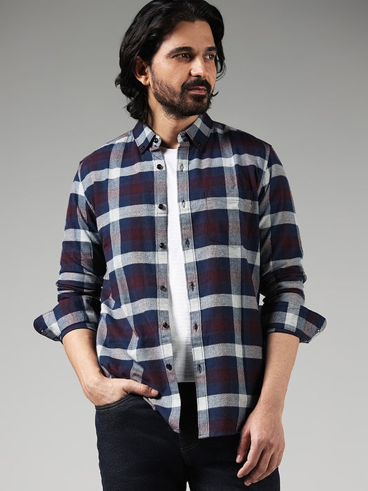 WES Casuals Wine Checked Cotton Slim-Fit Shirt