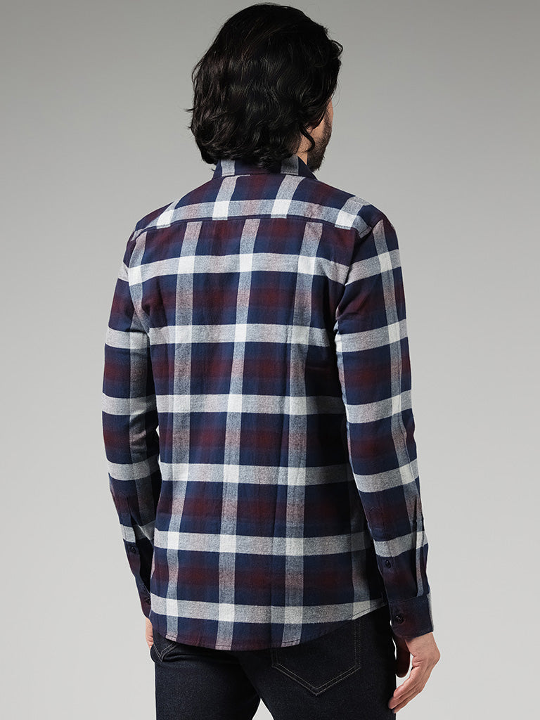 WES Casuals Wine Checked Cotton Slim Fit Shirt