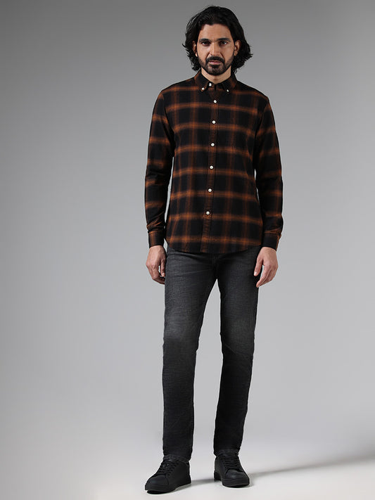 WES Casuals Brown Checked Cotton Slim-Fit Shirt