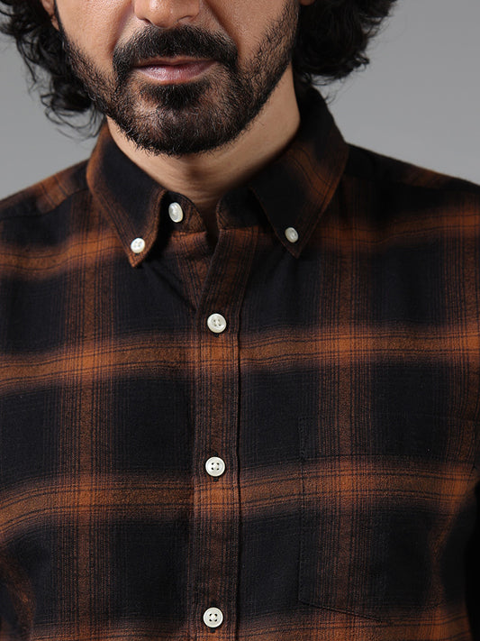 WES Casuals Brown Checked Slim Fit Shirt