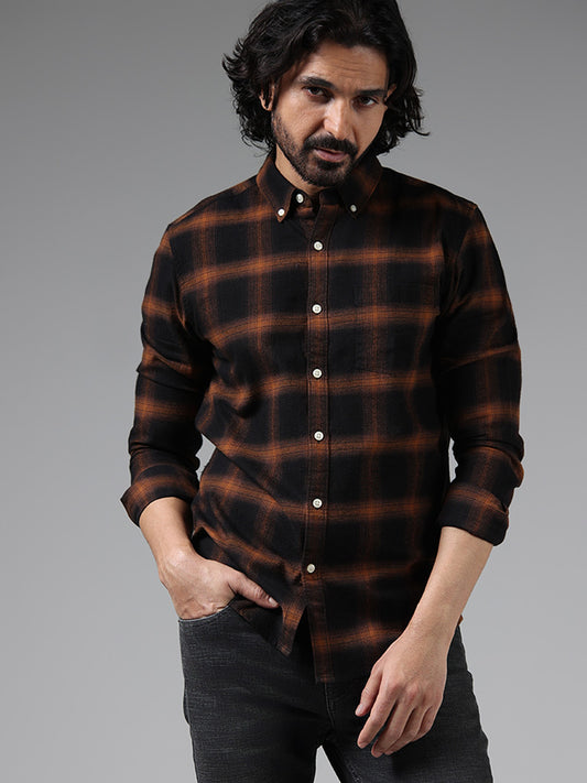 WES Casuals Brown Checked Cotton Slim Fit Shirt