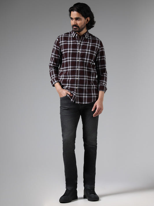 WES Casuals Wine Checked Slim Fit Shirt