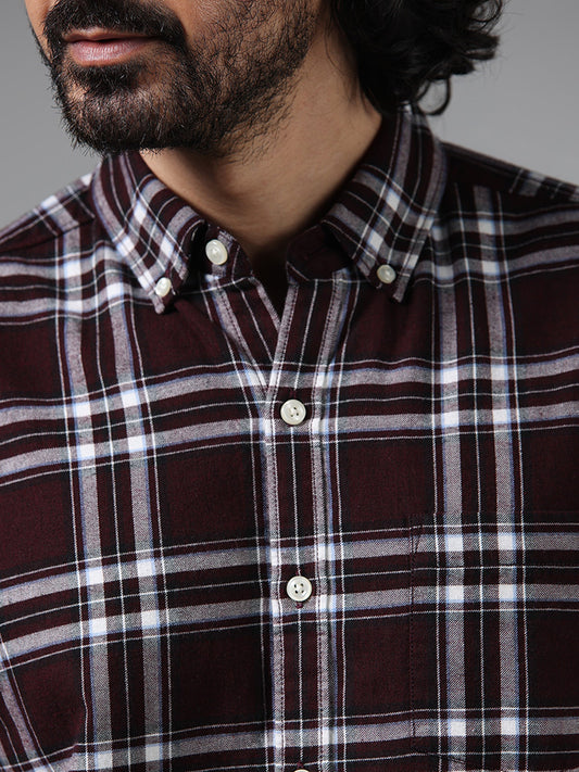 WES Casuals Wine Checked Slim Fit Shirt
