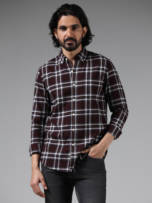 WES Casuals Wine Checked Slim Fit Shirt