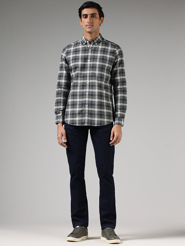 WES Casuals Olive Green Checked Slim Fit Shirt