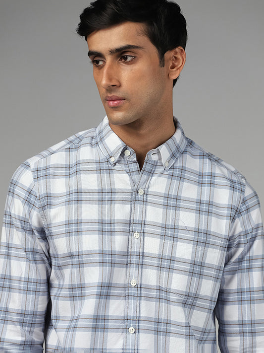 WES Casuals Blue Plaid Checked Slim Fit Shirt