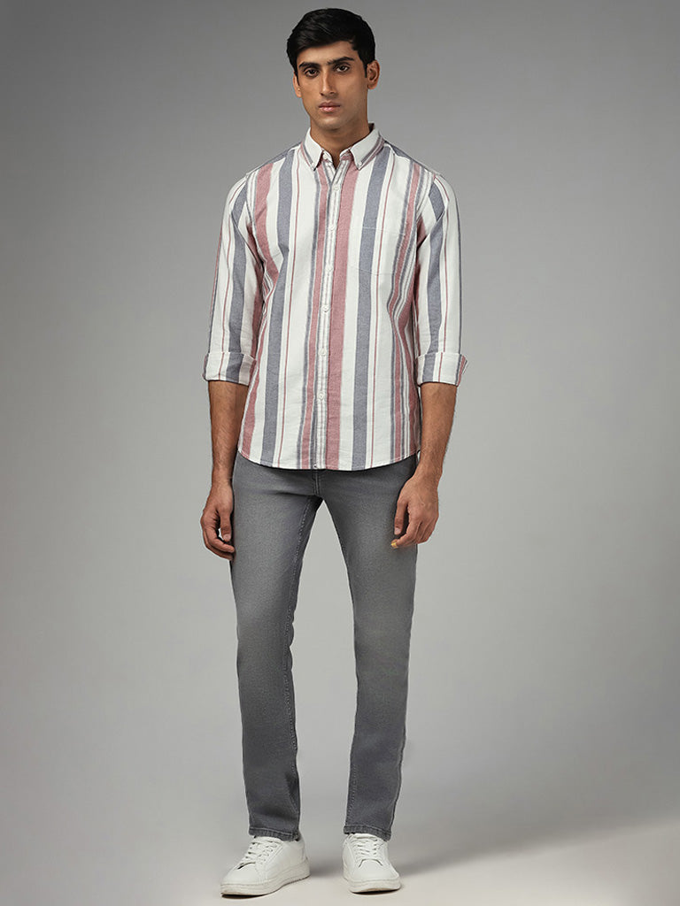 WES Casuals Off White Striped Cotton Slim Fit Shirt