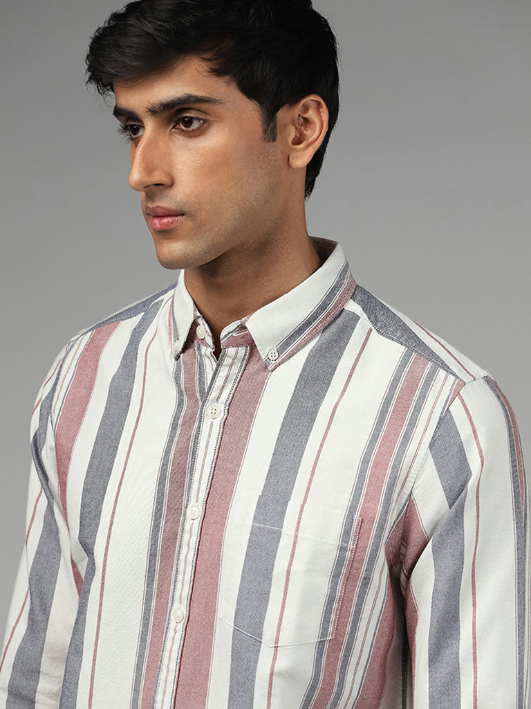 WES Casuals Off White Striped Slim Fit Shirt