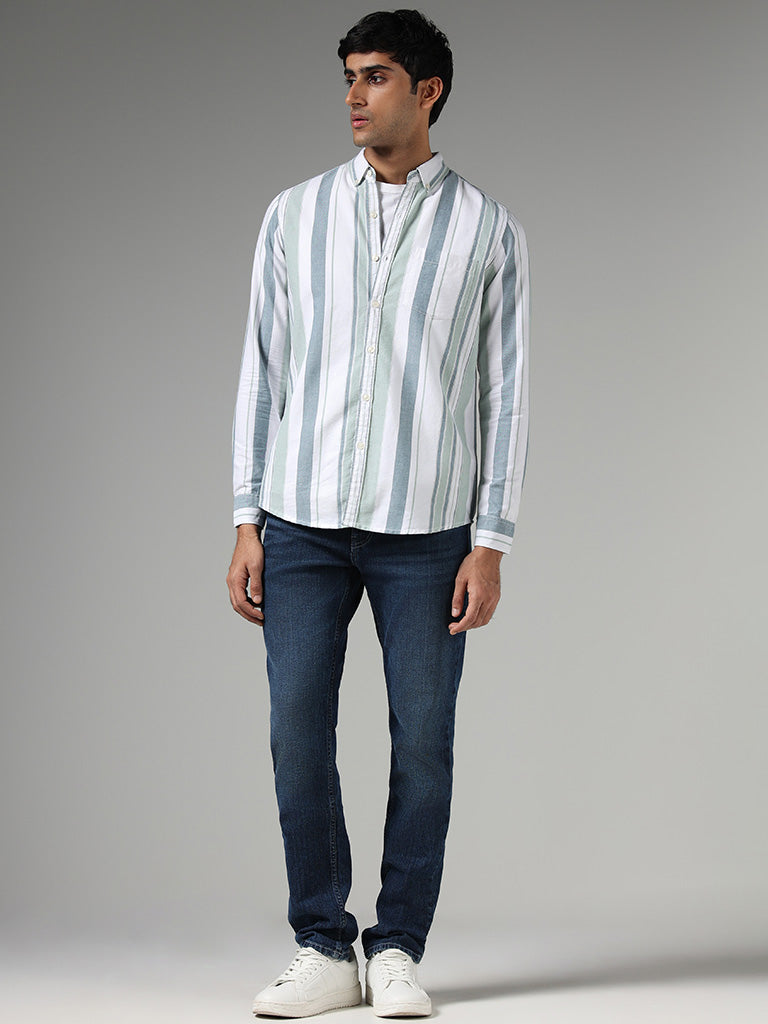 WES Casuals Sage Striped Slim Fit Shirt
