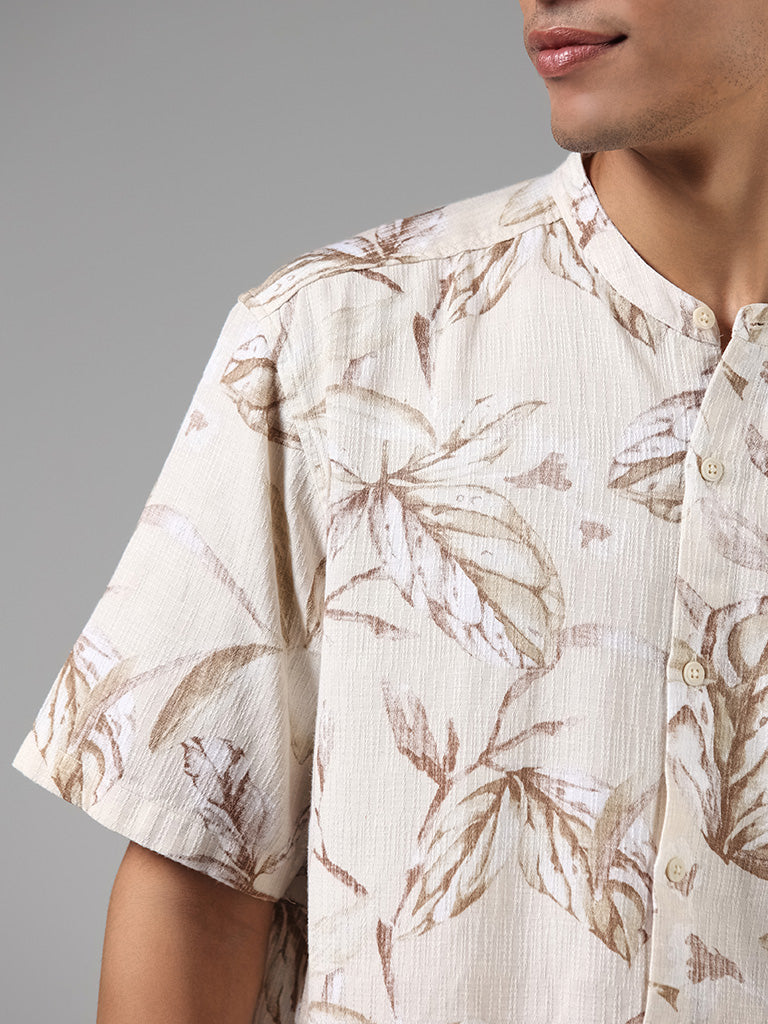 ETA Beige Floral Printed Cotton Resort Fit Shirt