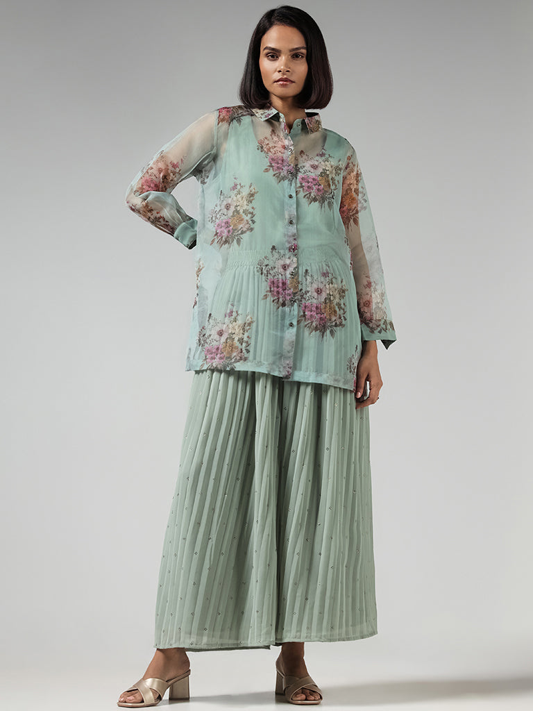 Vark Green Floral Printed Tunic with Inner & Palazzos Set