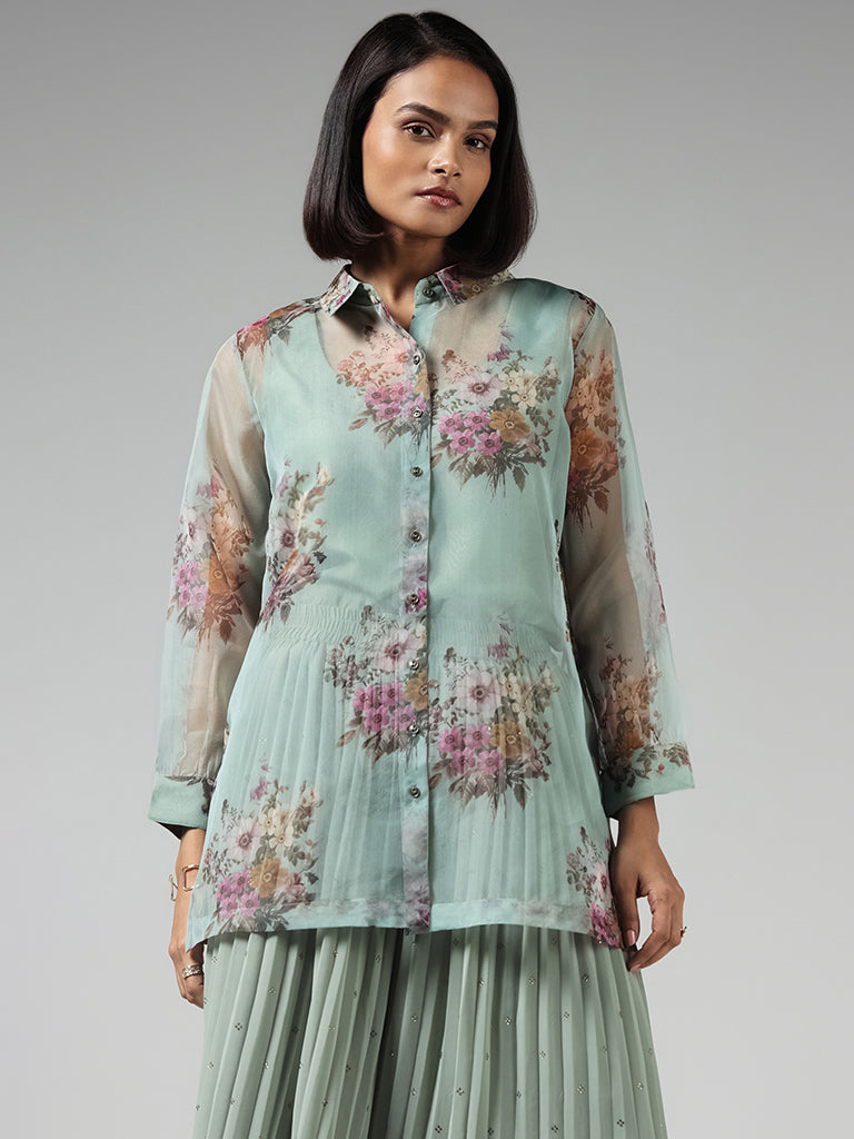Vark Green Floral Printed Tunic with Inner & Palazzos Set