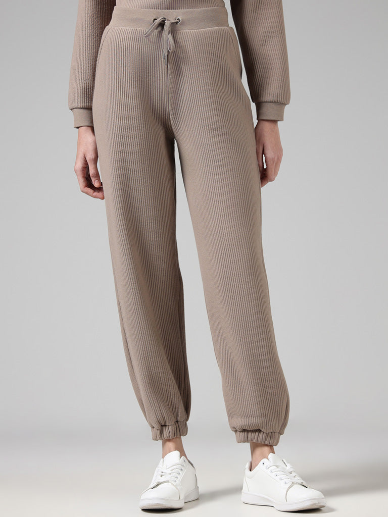 Studiofit Beige Ribbed High-Waisted Joggers
