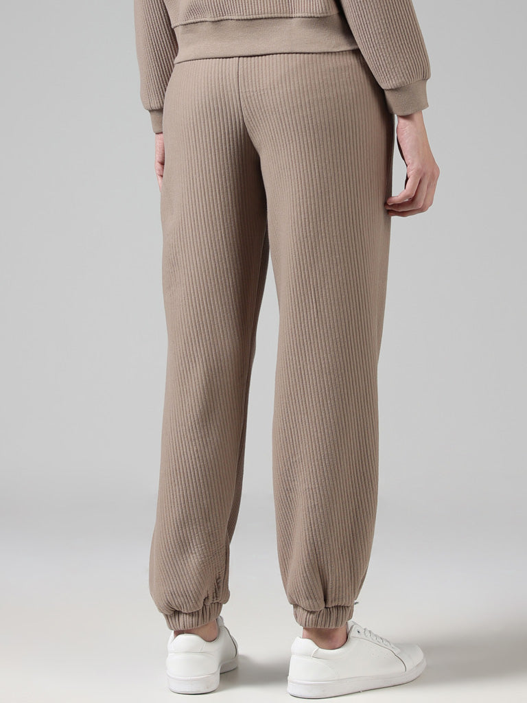 Studiofit Beige Ribbed High-Waisted Joggers