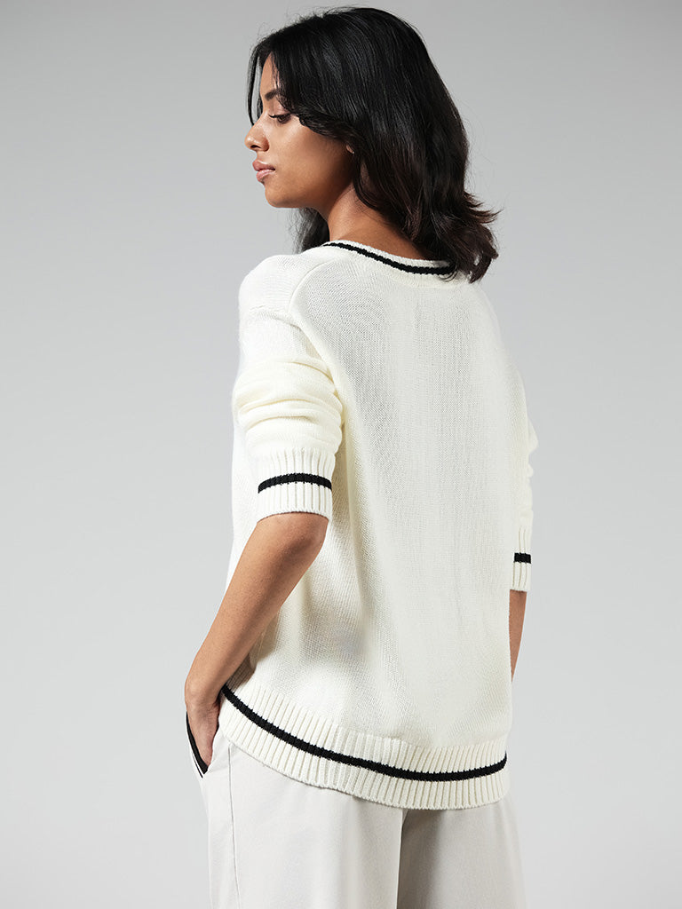 Studiofit Solid Off White Knitted Sweater