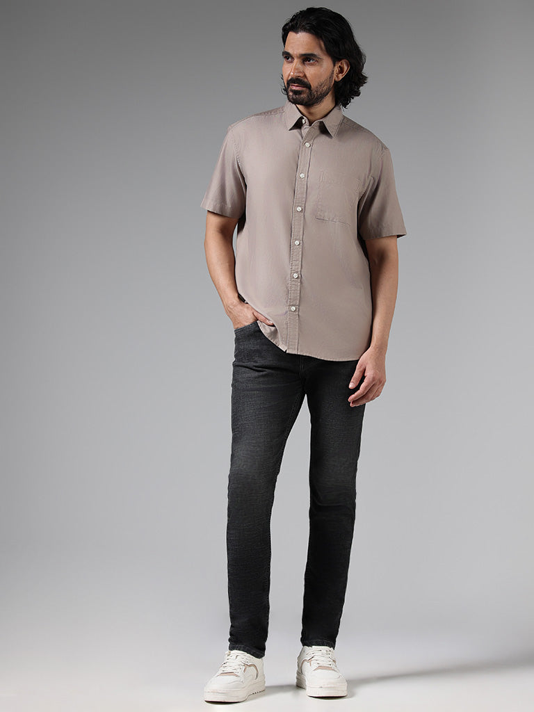 WES Casuals Solid Beige Cotton Blend Relaxed Fit Shirt