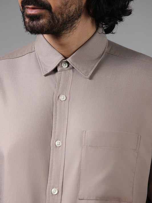 WES Casuals Solid Beige Cotton Blend Relaxed-Fit Shirt