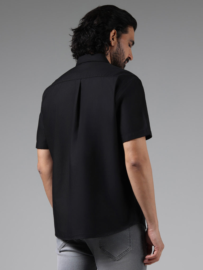 WES Casuals Solid Black Cotton Blend Relaxed Fit Shirt