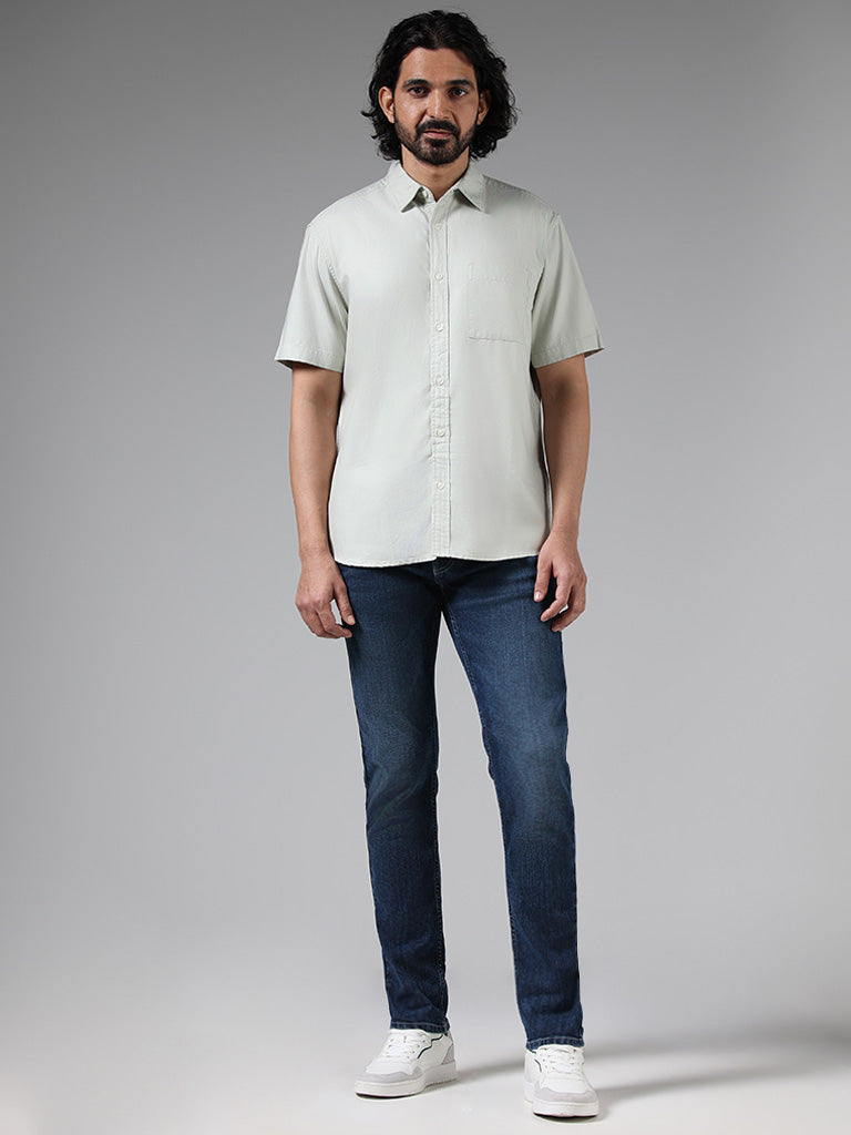 WES Casuals Solid Light Sage Cotton Blend Relaxed Fit Shirt