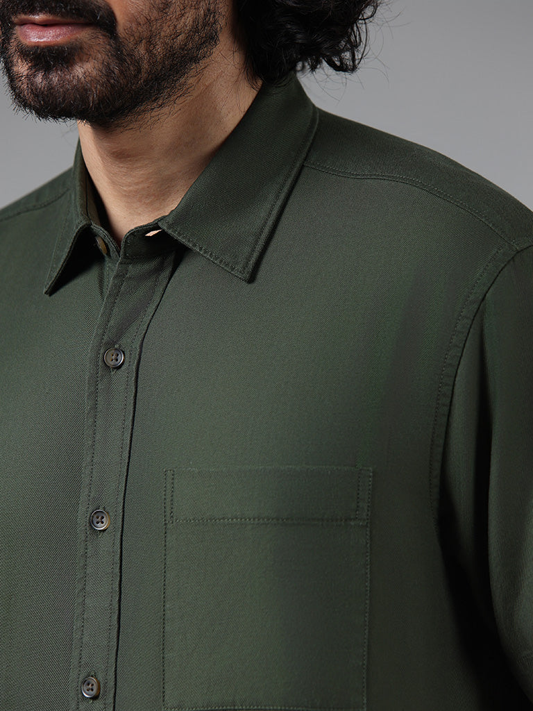WES Casuals Solid Olive Cotton Blend Relaxed Fit Shirt