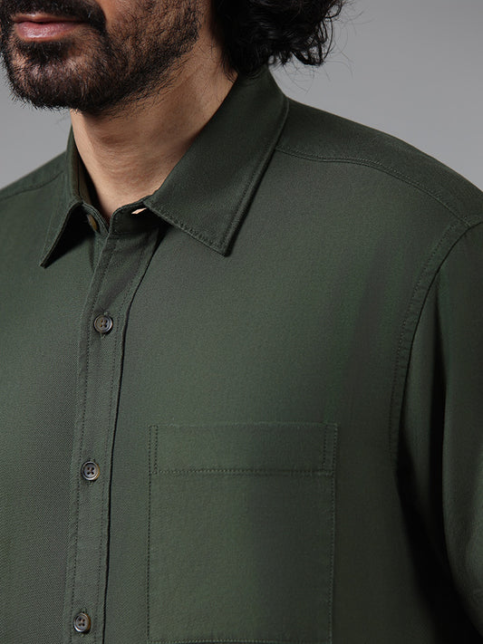 WES Casuals Solid Olive Cotton Blend Relaxed-Fit Shirt
