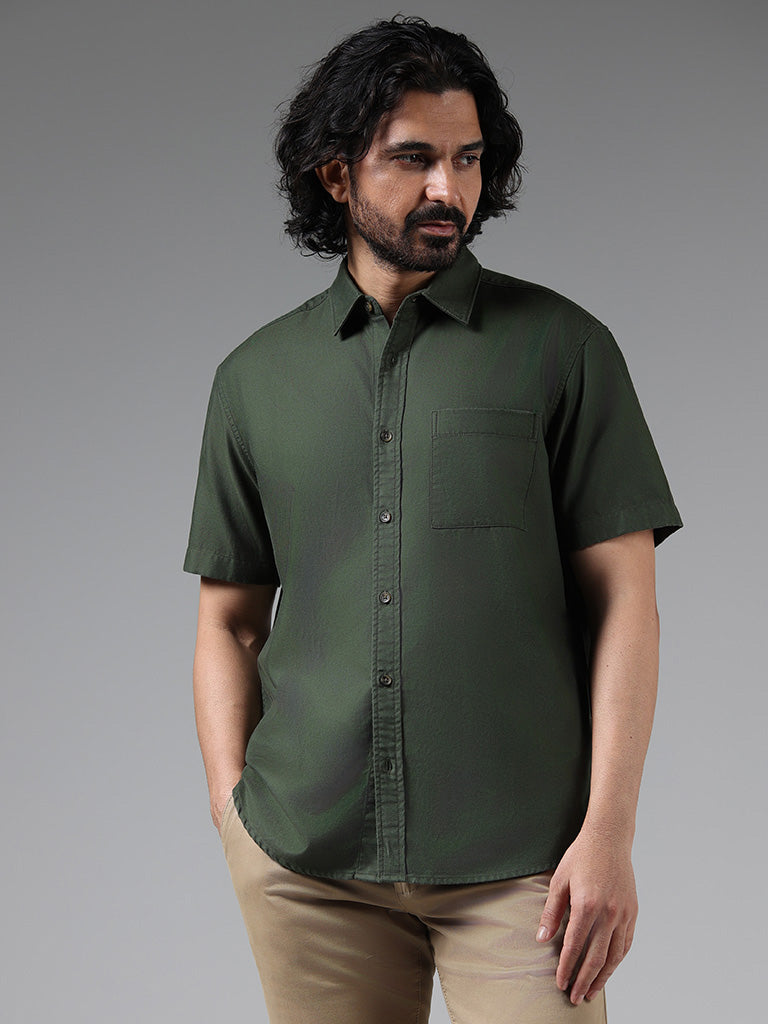 WES Casuals Solid Olive Cotton Blend Relaxed Fit Shirt