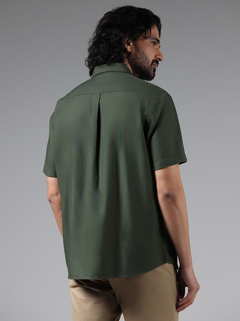 WES Casuals Solid Olive Relaxed Fit Shirt