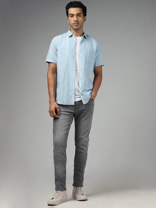 WES Casuals Light Blue Striped Slim-Fit Blended Linen Shirt