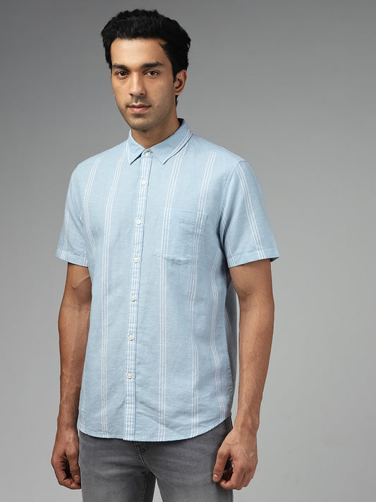 WES Casuals Light Blue Striped Slim-Fit Blended Linen Shirt