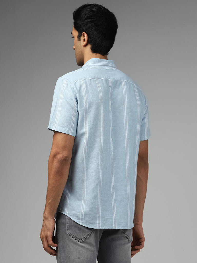 WES Casuals Light Blue Striped Slim Fit Blended Linen Shirt