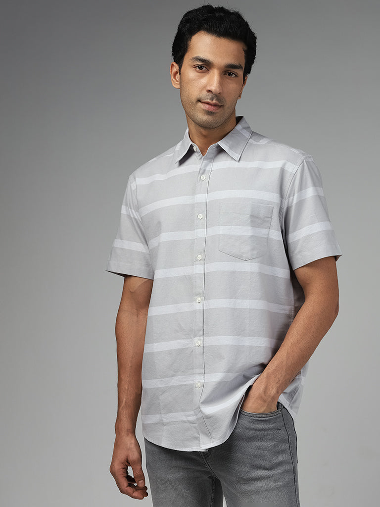 WES Casuals Light Grey Striped Cotton Relaxed Fit Shirt