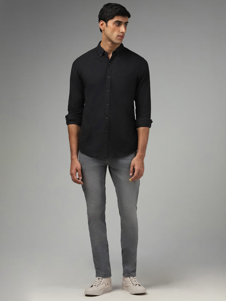 WES Casuals Solid Black Slim Fit Shirt