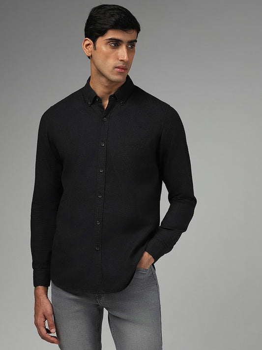 WES Casuals Solid Black Cotton Slim-Fit Shirt