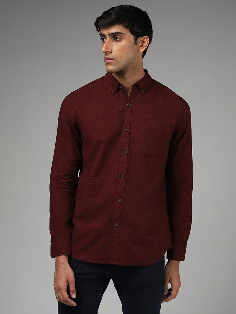 WES Casuals Wine Pin Checked Cotton Slim Fit Shirt