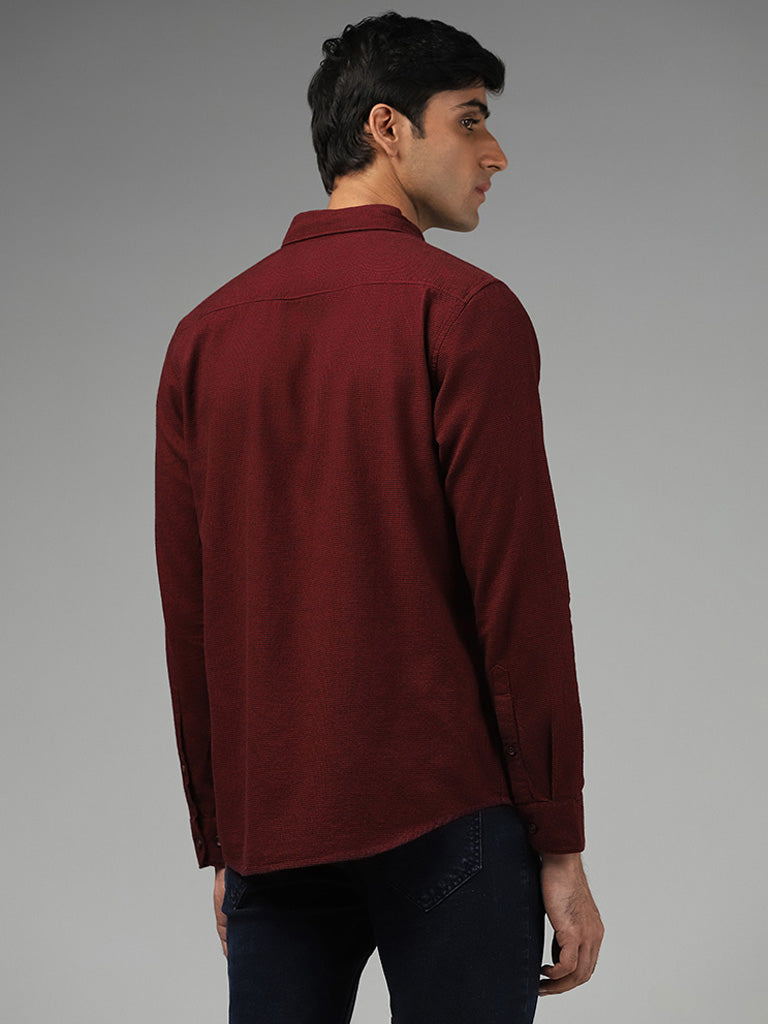 WES Casuals Wine Pin Checked Slim Fit Shirt