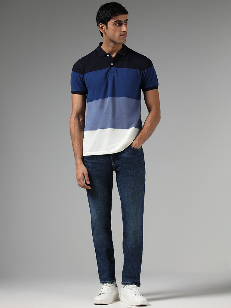 WES Casuals Navy Colorblock Slim Fit Polo T-Shirt