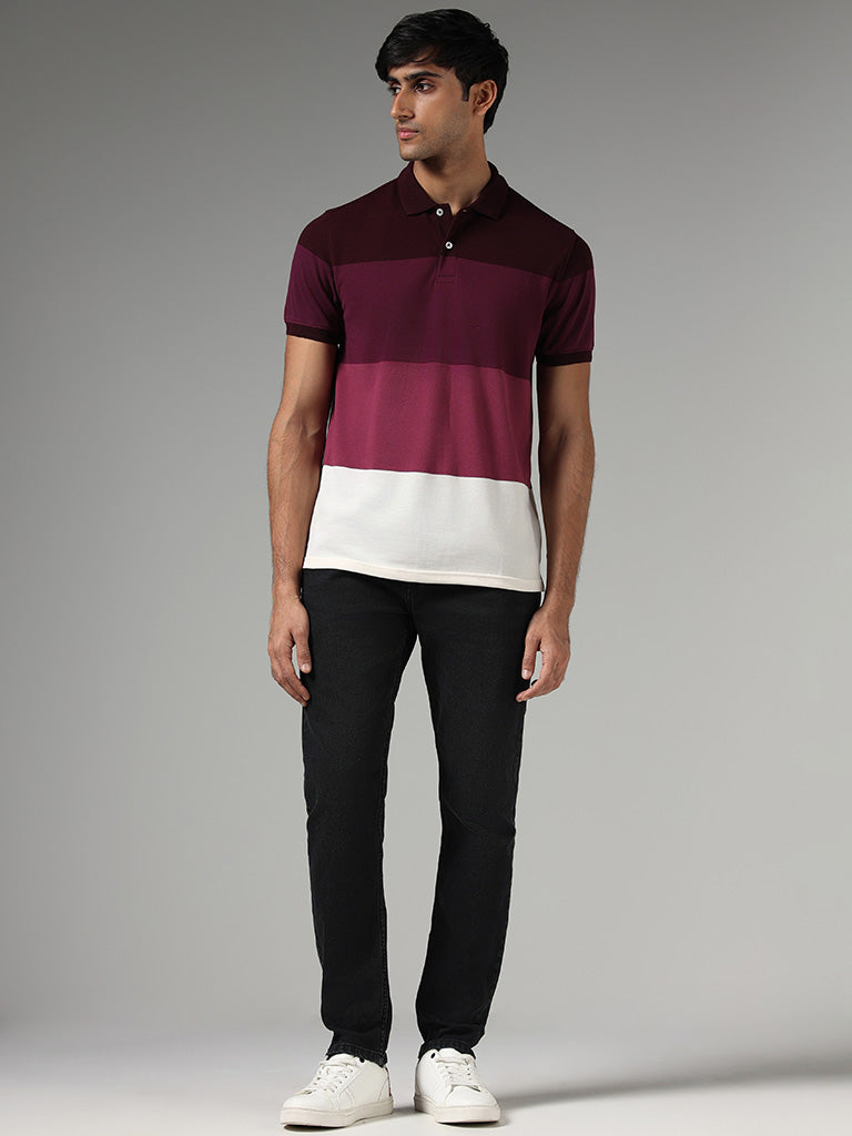 WES Casuals Wine Colorblock Slim Fit Polo T-Shirt