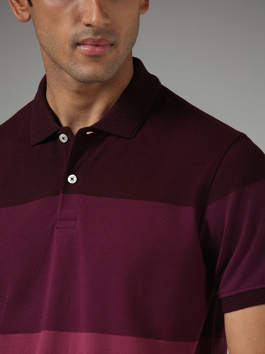 WES Casuals Wine Colorblock Slim Fit Polo T-Shirt