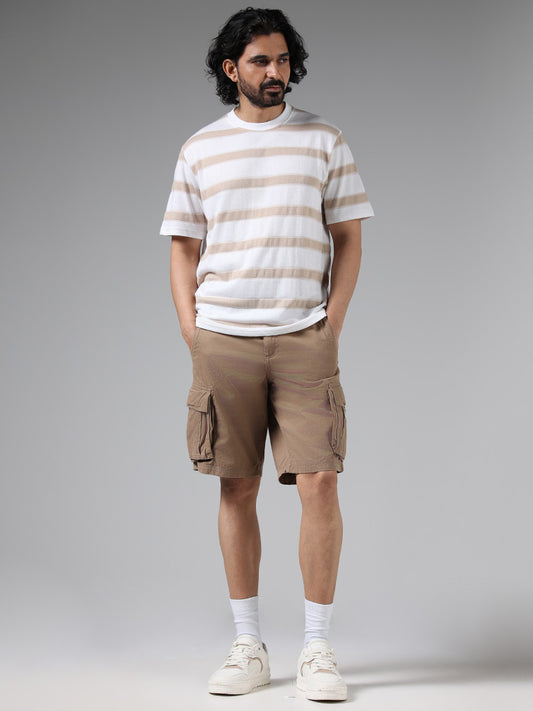 WES Casuals Solid Beige Mid-Rise Cotton Relaxed Fit Shorts