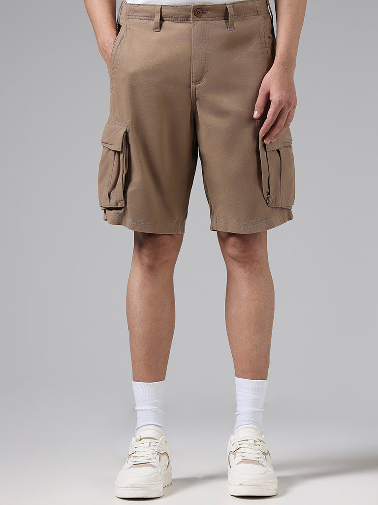 WES Casuals Solid Beige Mid-Rise Cotton Relaxed Fit Shorts
