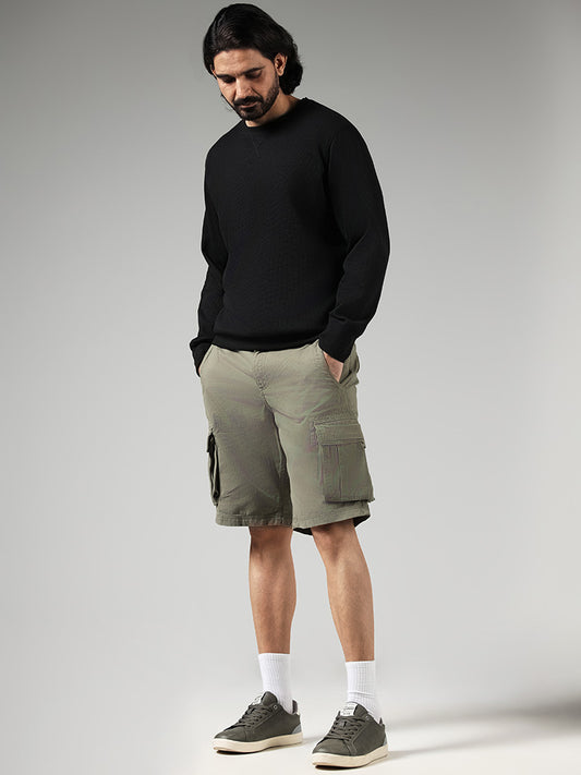 WES Casuals Solid Olive Cotton Relaxed Fit Shorts