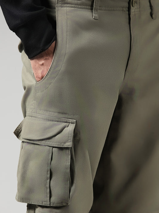 WES Casuals Solid Olive Cotton Relaxed-Fit Mid-Rise Shorts