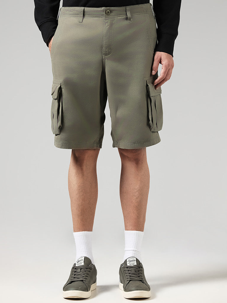 WES Casuals Solid Olive Relaxed Fit Shorts