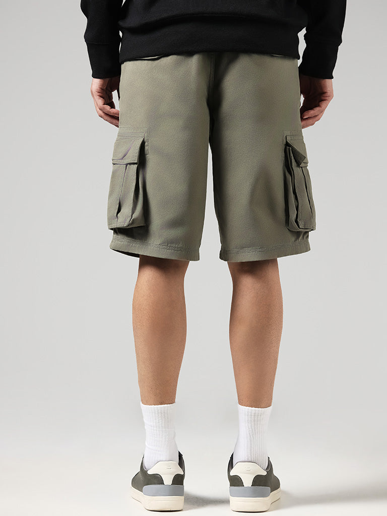 WES Casuals Solid Olive Cotton Relaxed Fit Shorts
