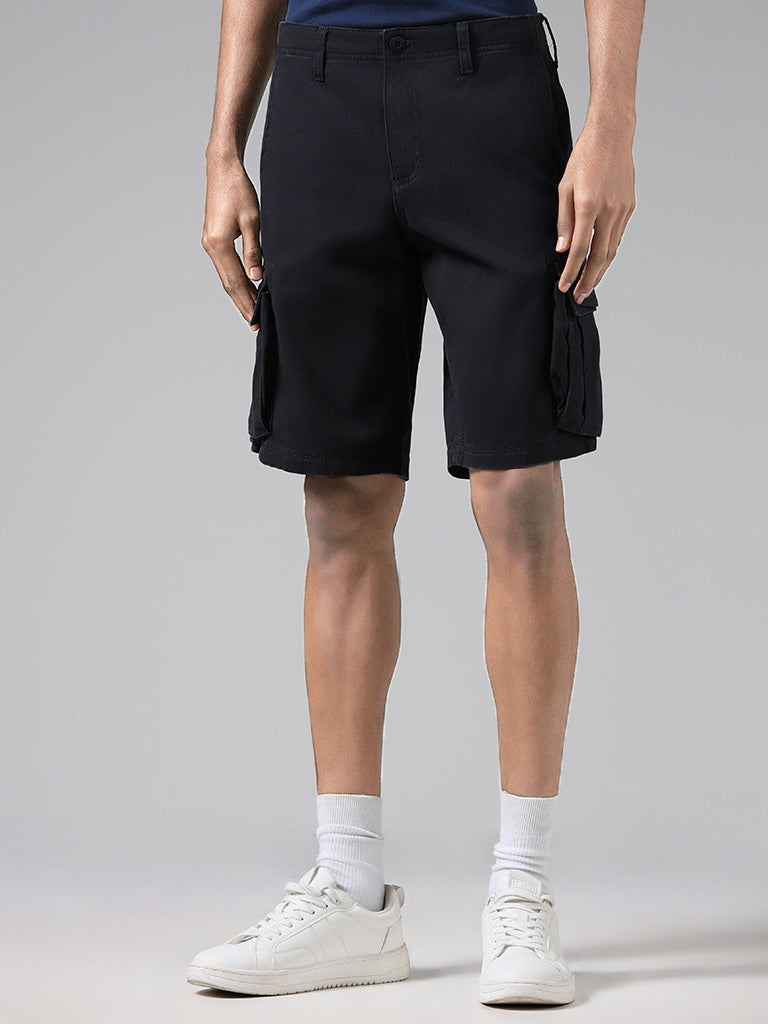 WES Casuals Solid Navy Cotton Relaxed Fit Shorts