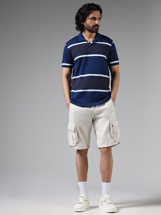 WES Casuals Solid Beige Mid-Rise Cotton Relaxed-Fit Shorts